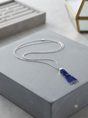 Source Unknown Silver Chain Necklace with Blue Beaded Tassel Pendant